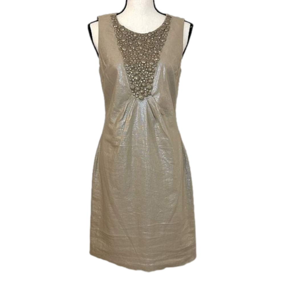 NWOT 2B.Rych Embellished Gold Linen Blend Shift Dress Size 6